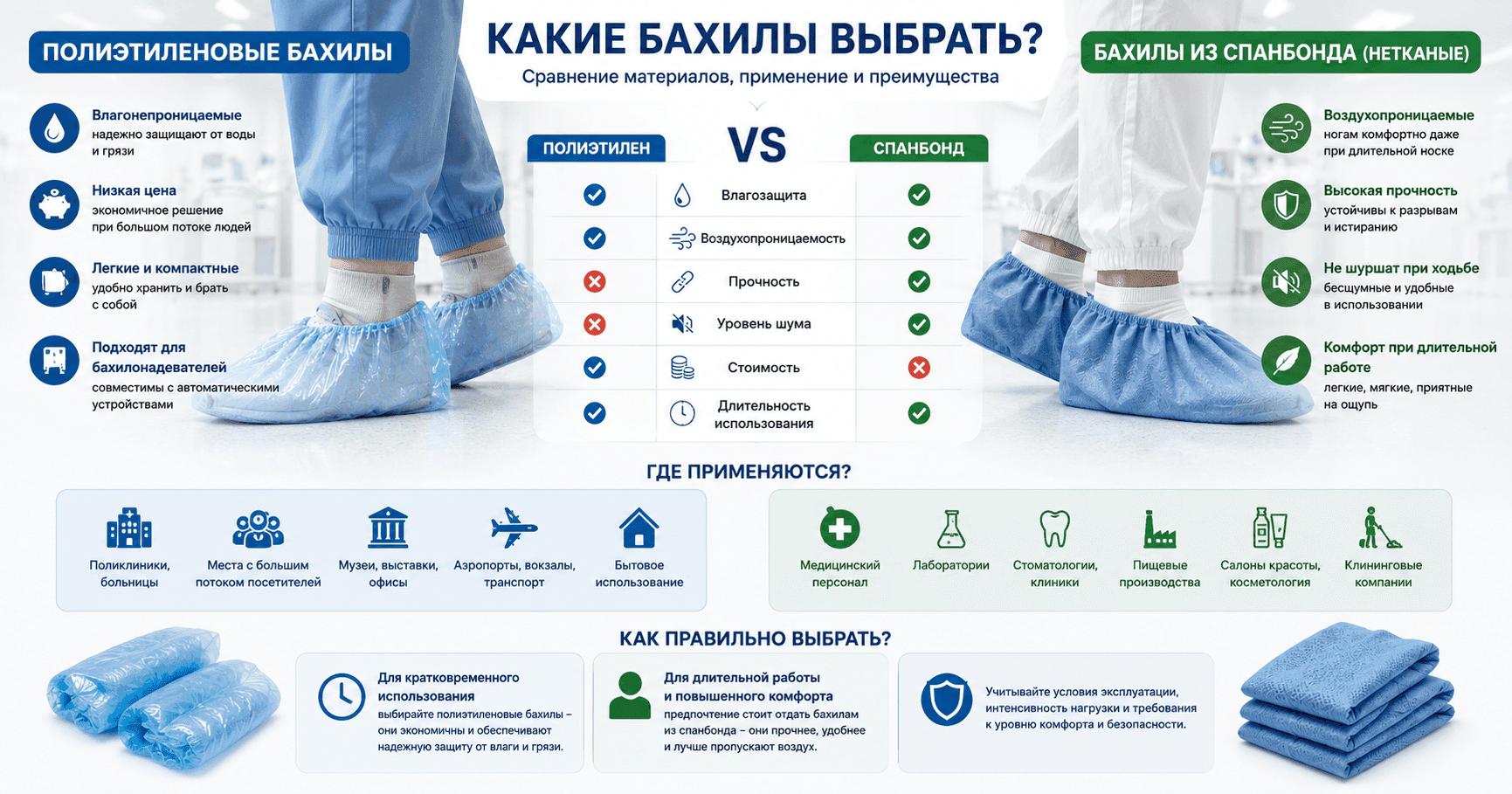 Полиэтиленовые и нетканые бахилы: сравнение материалов, преимущества и выбор для разных задач