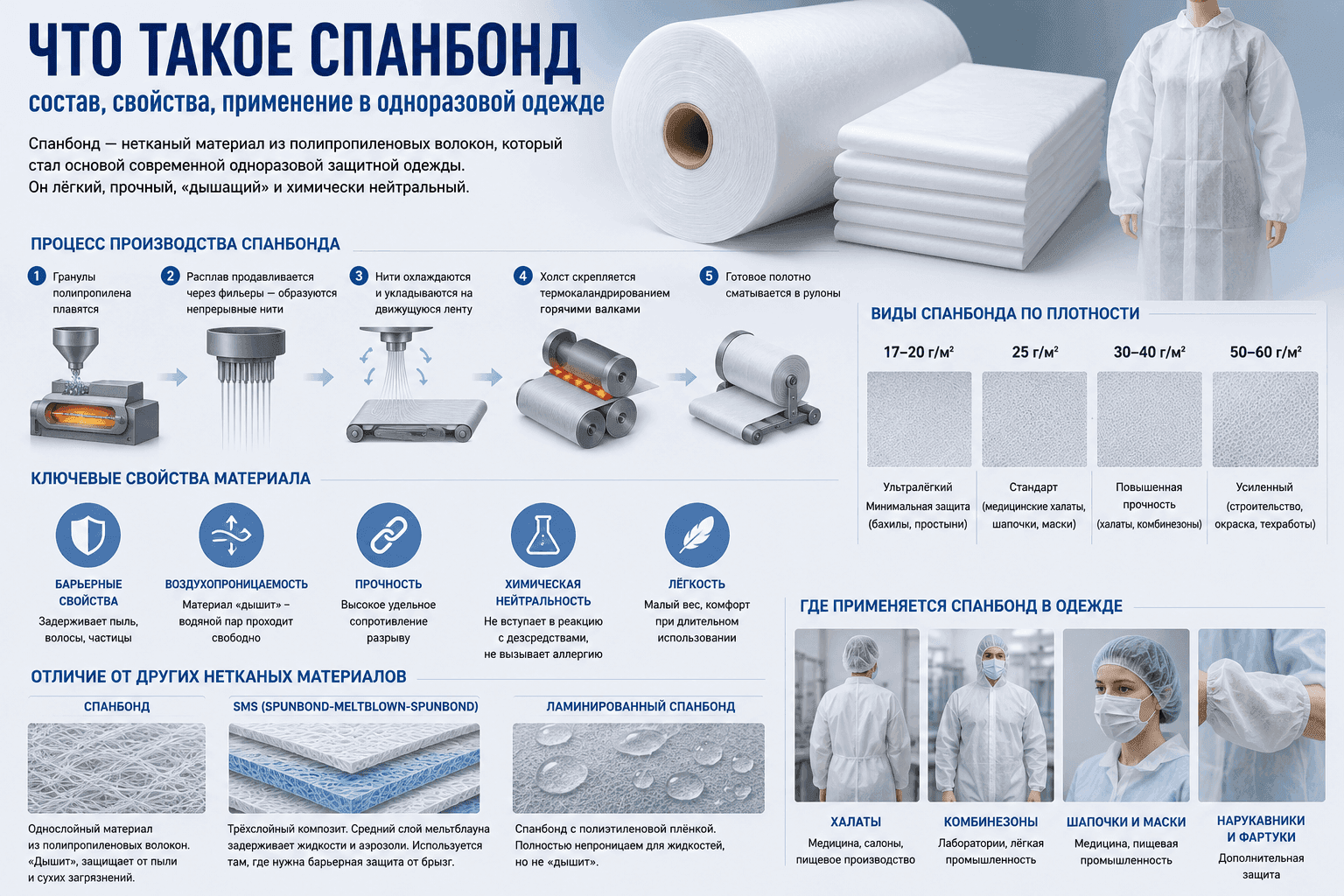 Что такое спанбонд: состав, свойства, применение в одноразовой одежде
