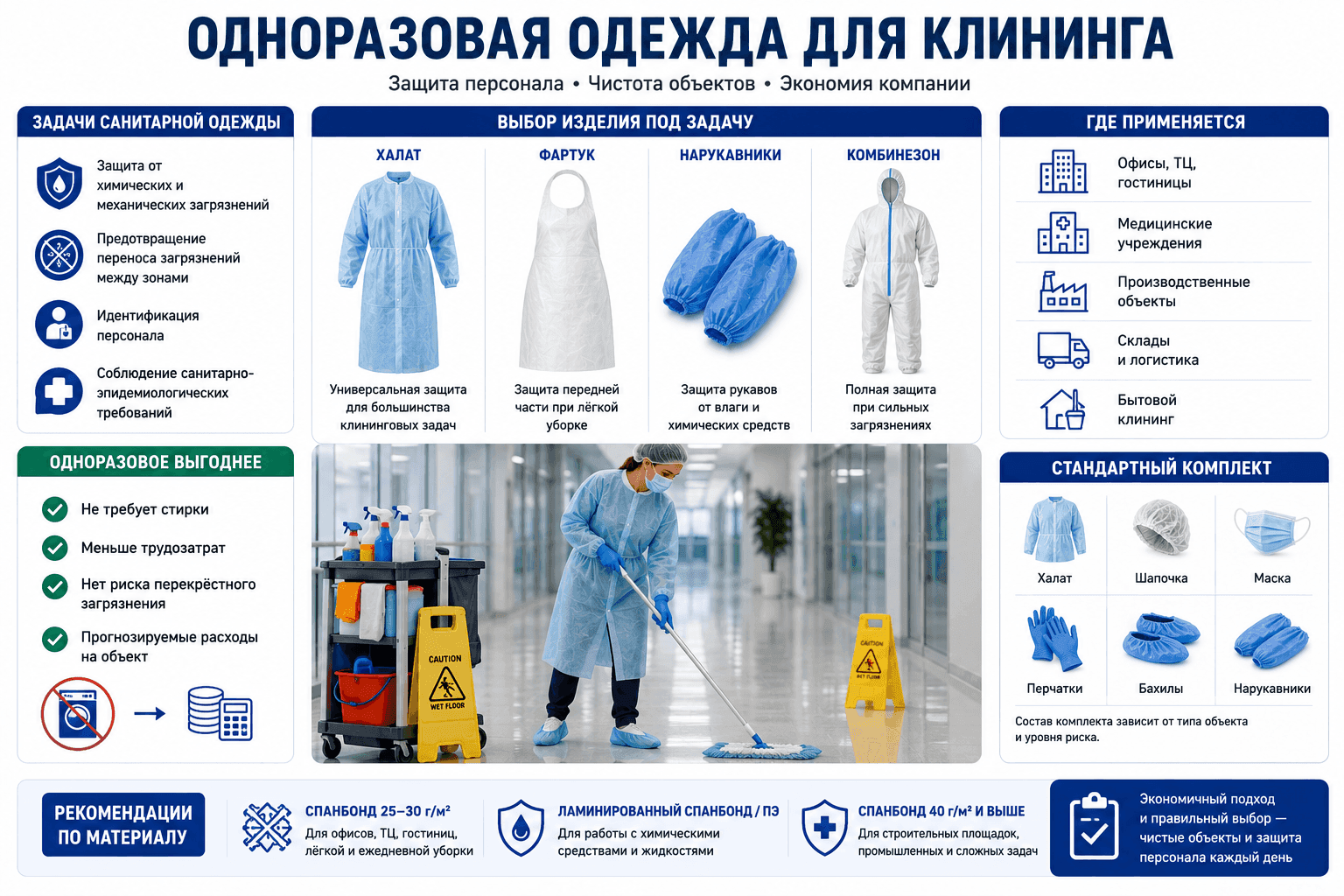 Одноразовая одежда для клининга: халаты, фартуки, нарукавники для уборки