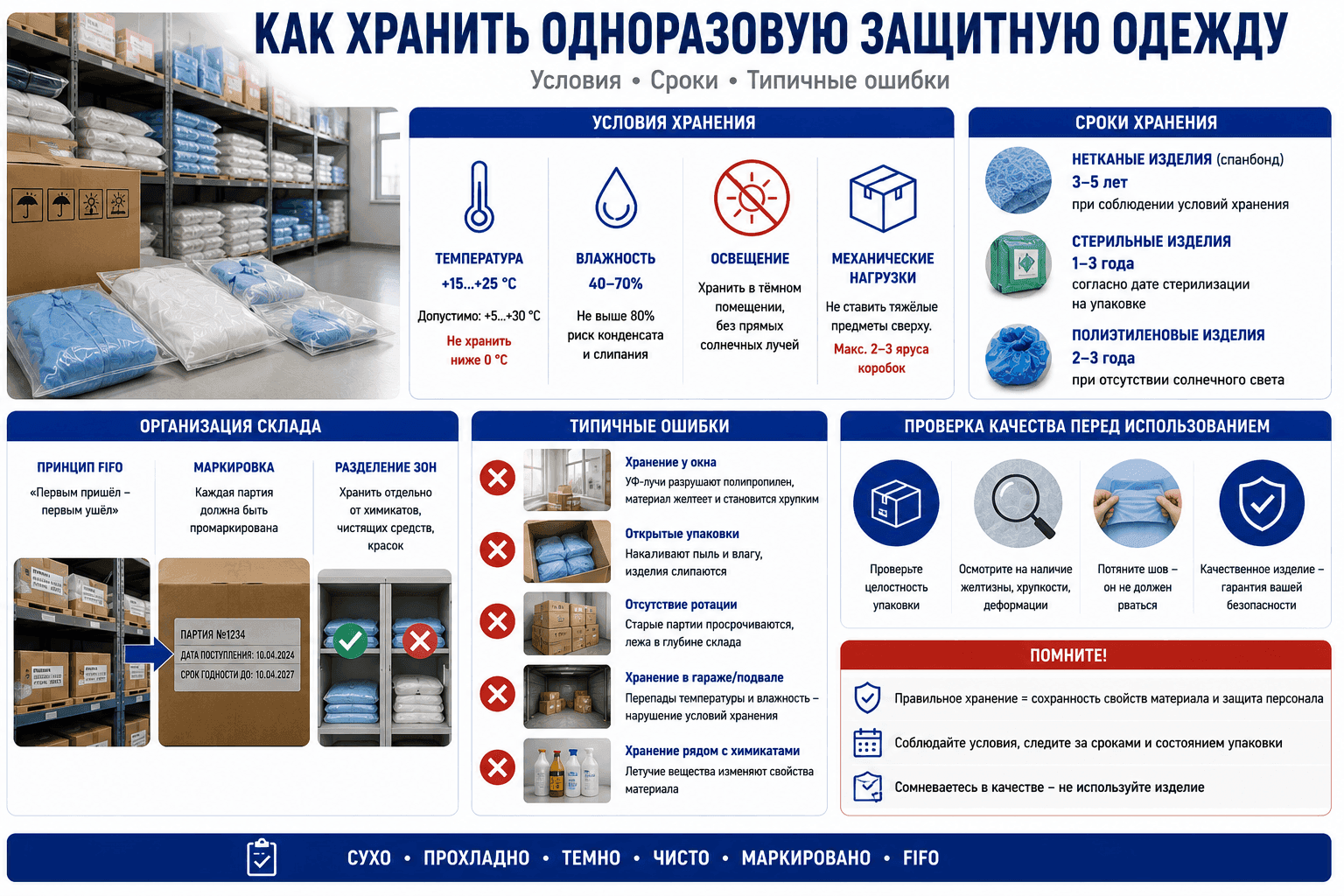Как хранить одноразовую защитную одежду: условия, сроки, типичные ошибки